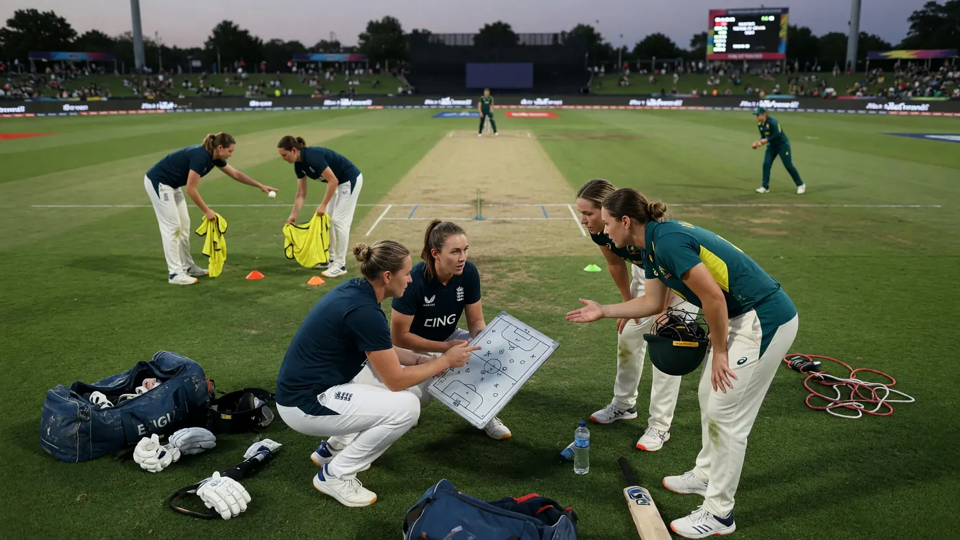 Field placement and tactical setup before a Women’s T20 final Medium tactical view of fielders setting positions on a green outfield with the pitch and circle markings visible