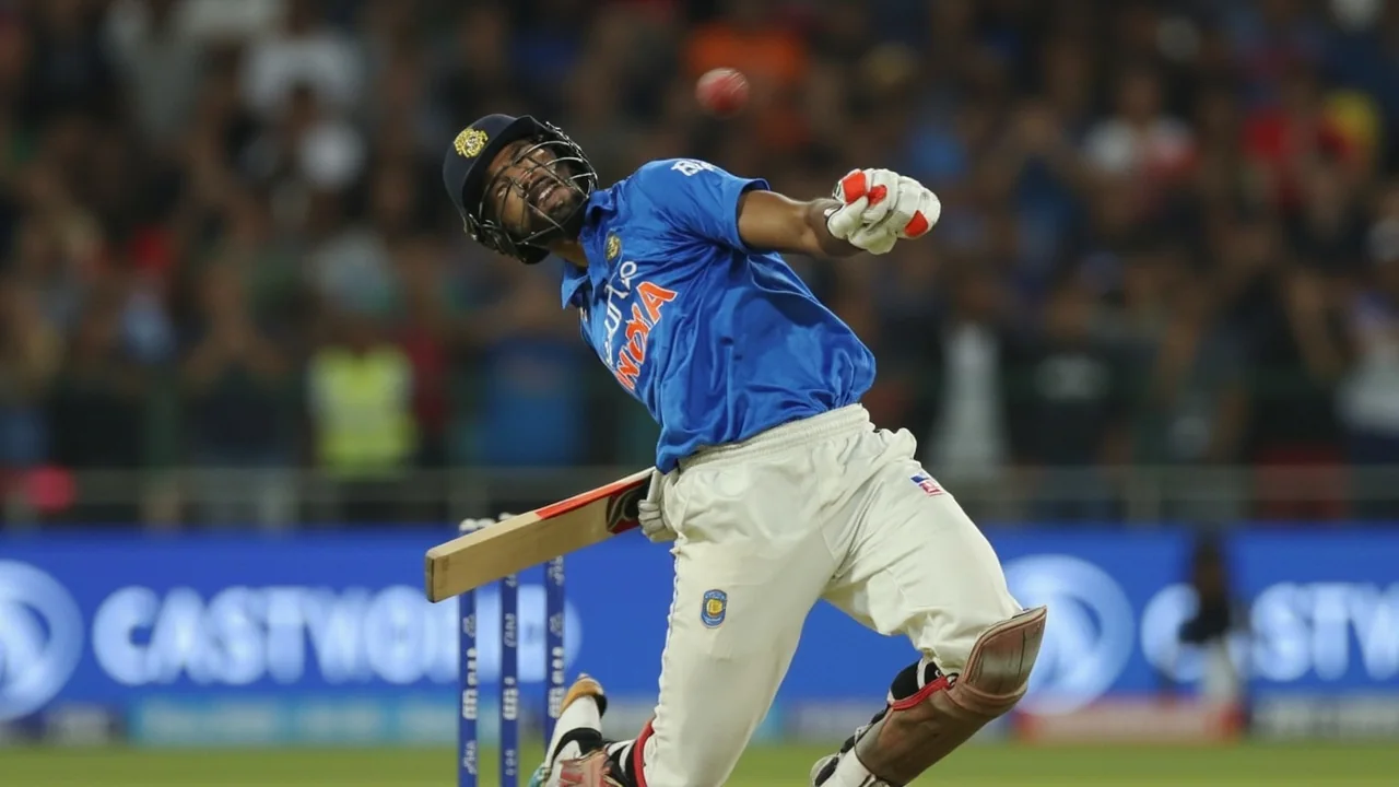 Tight sideline view of a top-order batsman playing a pull shot during a T20 World Cup match